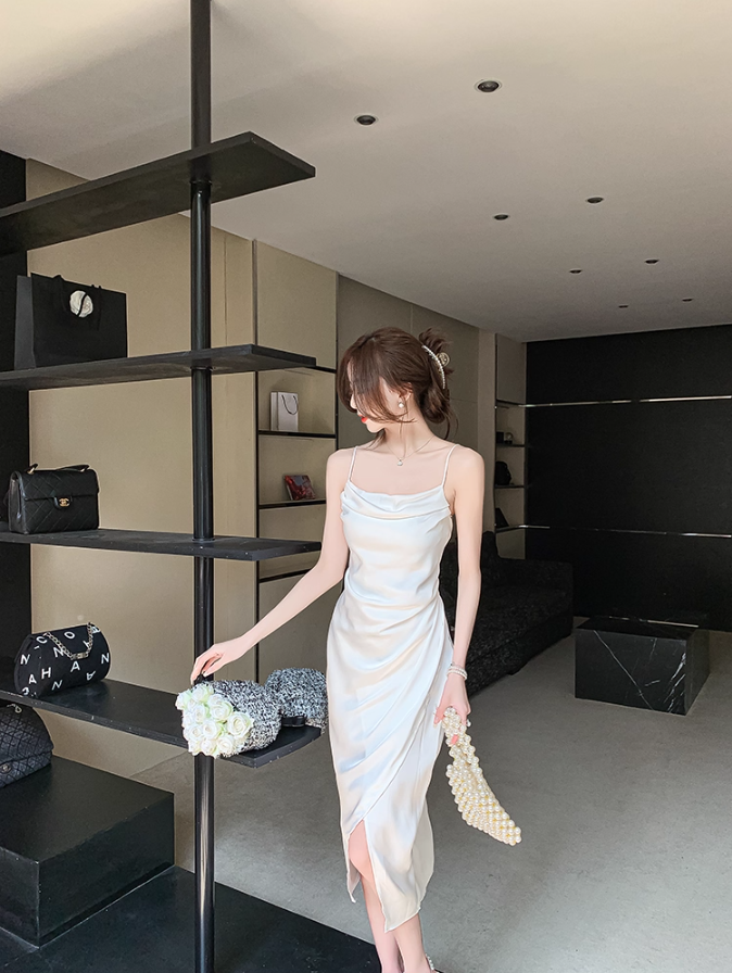 Classical White Satin Cowl Neck Drape Detail Midi Dress Retro Side Slit Spaghetti Strap Asymmetric Hem Long Dress AP1802