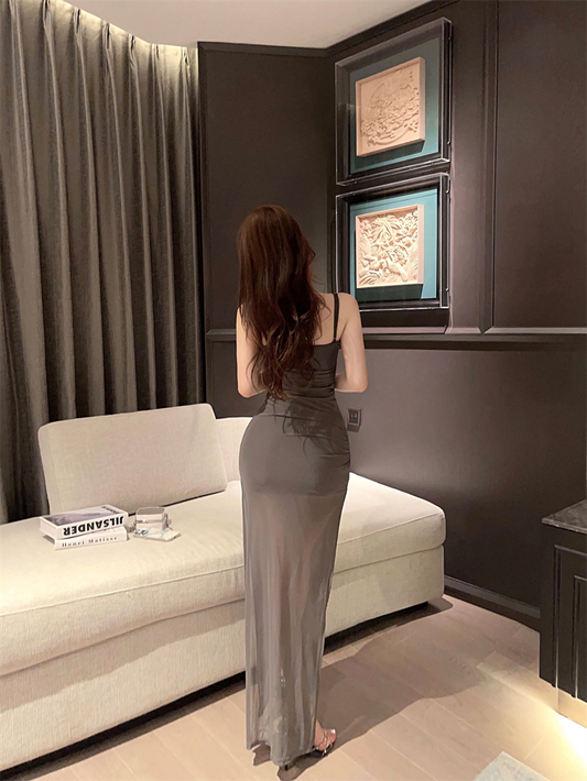 Elegant Gray Sheer Mesh Spaghetti Straps Maxi Dress Glamorous Ruched Bodycon Double Layers Long Dress AP1803