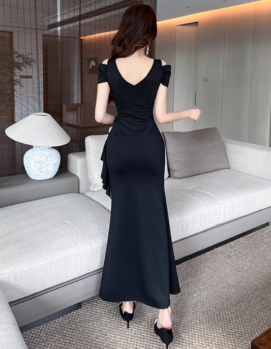 Novelty Black High-Slit Feast Outfit Maxi Dress Romantic Off-Shoulder Wrap Waist Long Dress AP1808