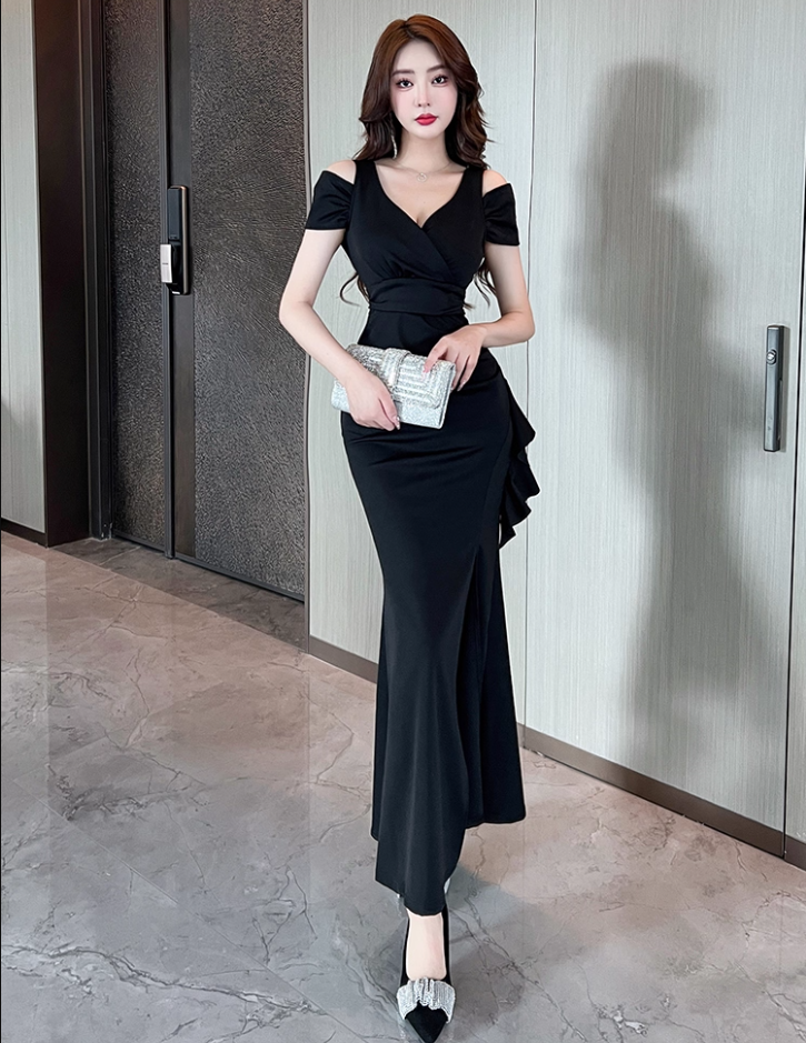 Novelty Black High-Slit Feast Outfit Maxi Dress Romantic Off-Shoulder Wrap Waist Long Dress AP1808