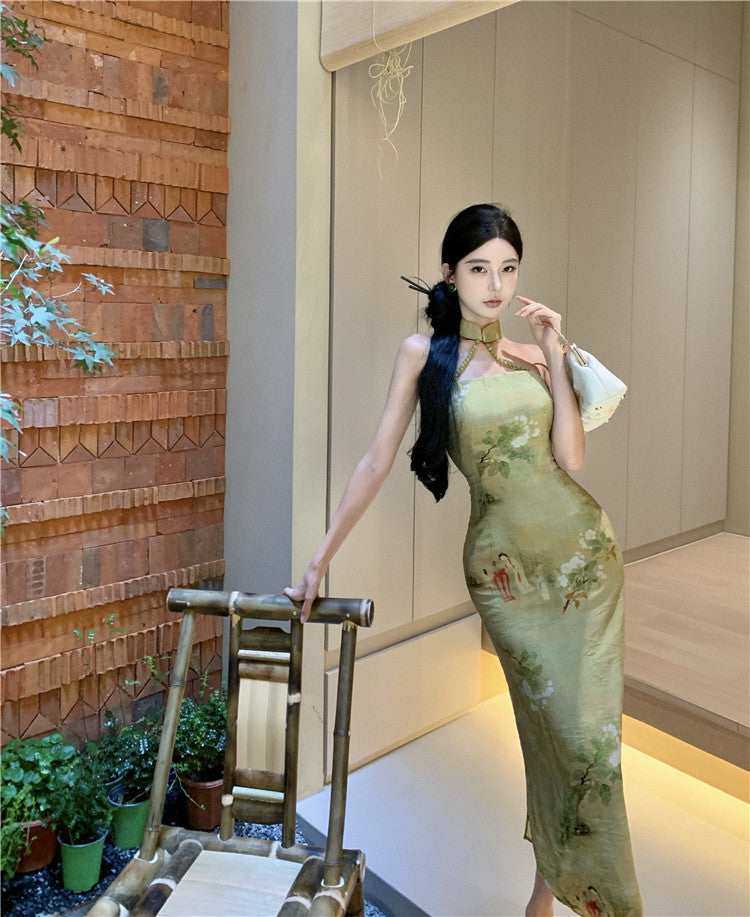 Oriental Floral Light Green Satin Maxi Skirt Retro Figure Print Slit Bodycon Cultural Events Halter Long Dress AP1820