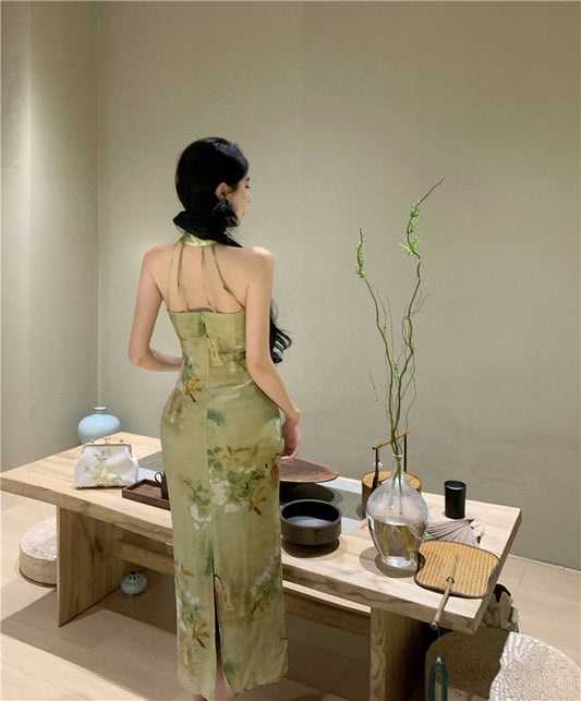 Oriental Floral Light Green Satin Maxi Skirt Retro Figure Print Slit Bodycon Cultural Events Halter Long Dress AP1820