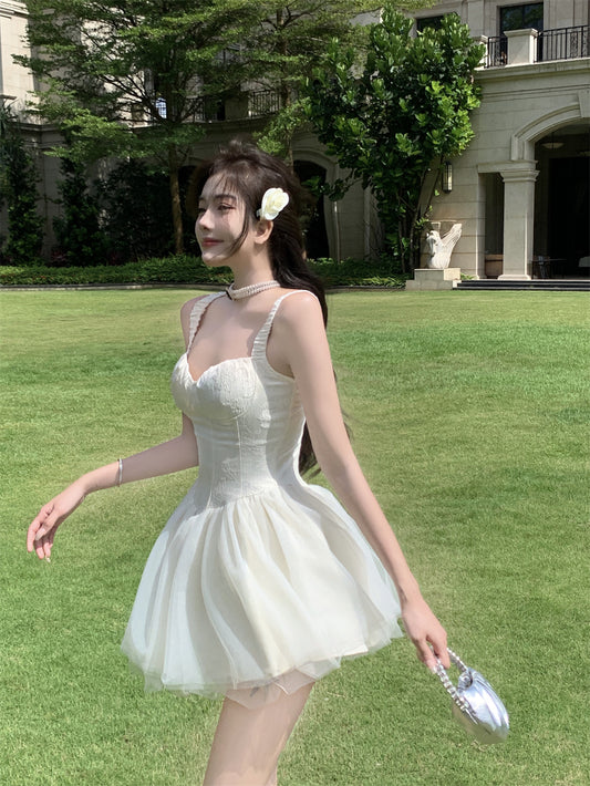 Ethereal Creamy White Corset Spaghetti Strap Mini Skirt Charming Garden Parties Cascade Tiered Tulle Short Dress AP1822
