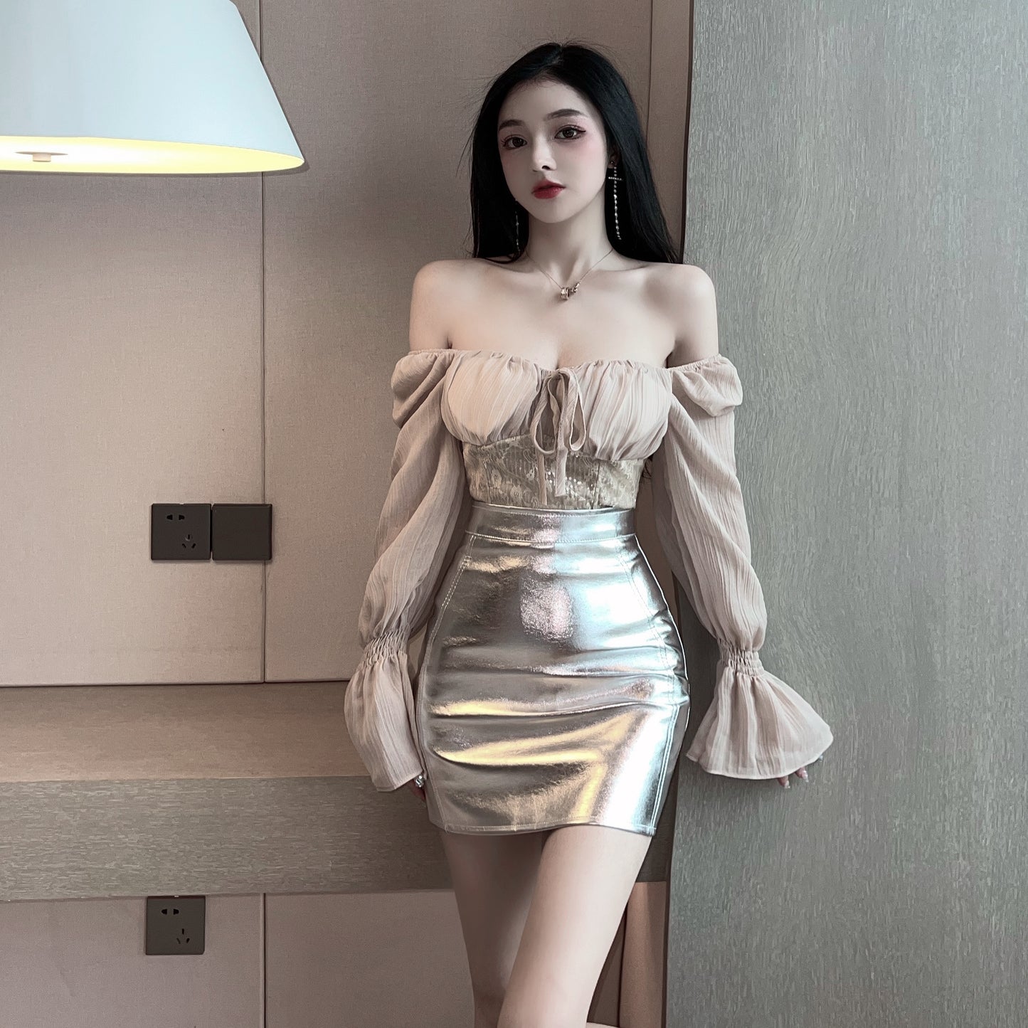Fantastic Lace Panel Mesh Top Silver Metallic Mini Skirt Gorgeous Two-Piece Set Balloon Sleeves Square Neck Short Dress AP1826