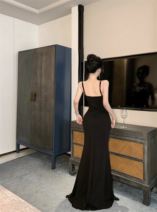 Glamorous Rhinestone Cross Strap Black Mermaid Maxi Dress Chic High Slit Luxury Parties Long Dress AP1828