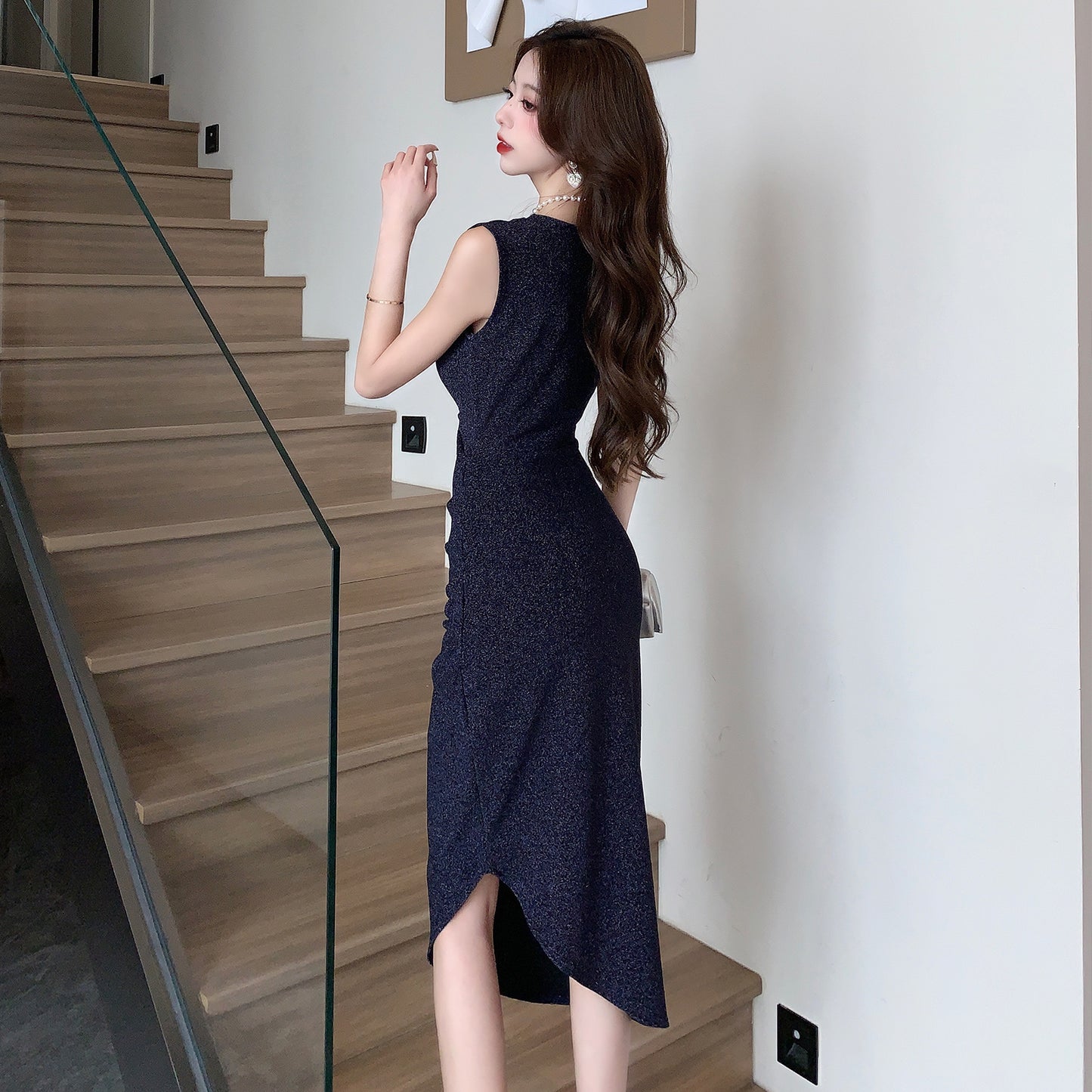 Vintage Royal Blue Glittering Fabic Maxi Dress Vogue Sleeveless Side Slit Asymmetric Hem Long Dress AP1831