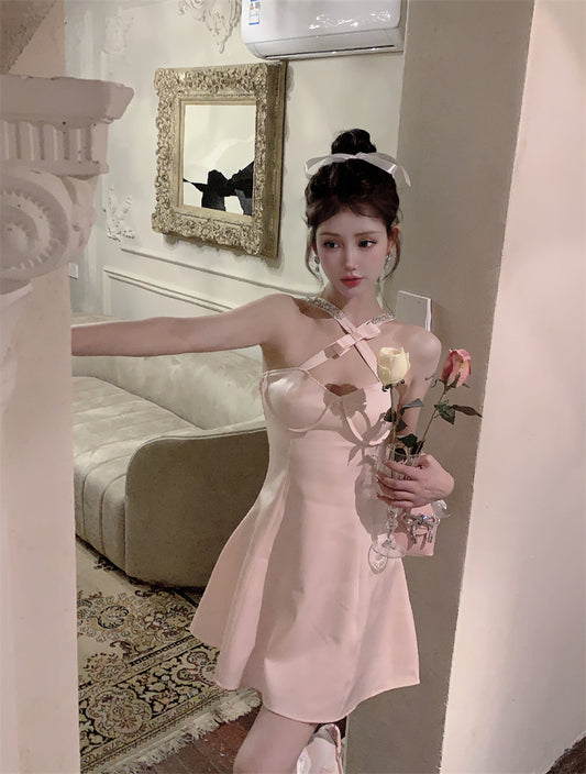 Sweet Girls Beaded Design Crisscross Front Mini Skirt Bodycon A-Line Pink Bow Design Cinched-Waist Halter Short Dress AP1833