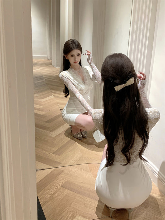 Alluring Cream White Satin Bodycon Long Sleeves Mini Skirt Dreamy Textured Applique Sheer Lace Trimmed Formal Galas Short Dress AP1834