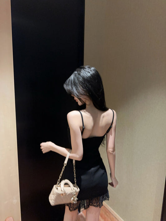 Alluring Tie-Front Cutout Spaghetti Strap Mini Dress French Style Black Sheath Sheer Lace Trimmed Hem Short Dress AP1835