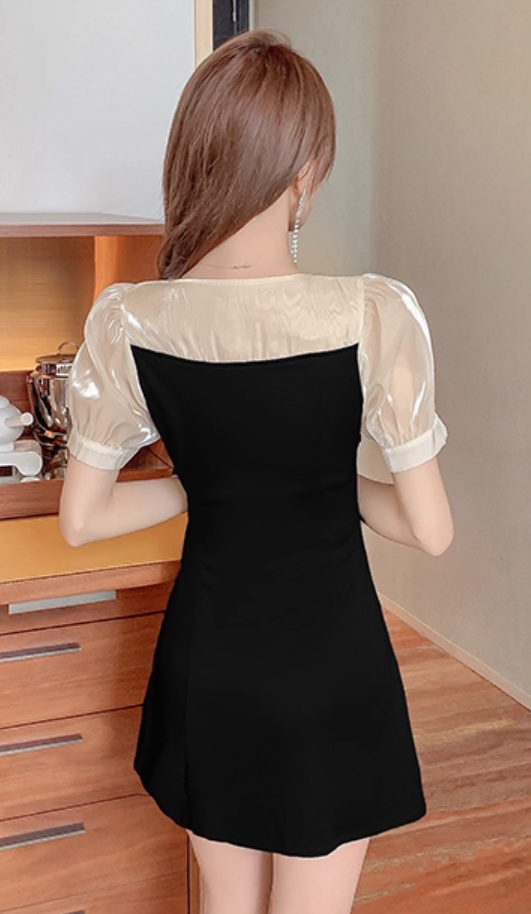 Elegant Sheen Mesh Puffy Short Sleeve High-Slit Mini Skirt With Pocket Vogue 2-Piece Set A-Line Black Short Dress AP1838