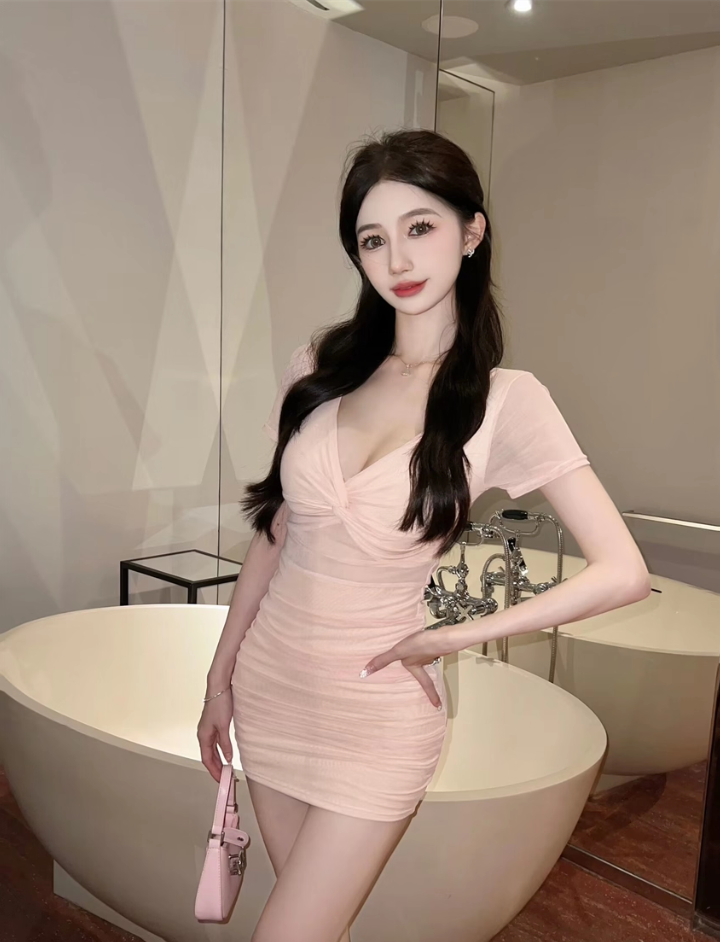 Dreamy Pink Ruched Mesh Short Sleeve Mini Skirt Hot Girls Outfit Sheath Flexible Fabric Short Dress AP1841