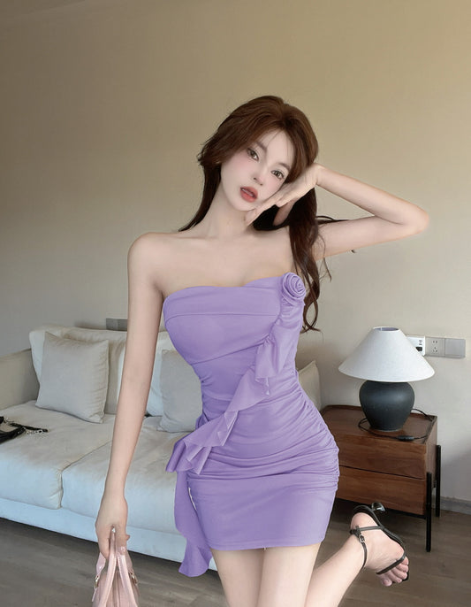 Charming Purple Ruffles Trimmed Strapless Mini Dress Vintage Hot Girls Sheath 3D Flower Accent Short Dress AP1844