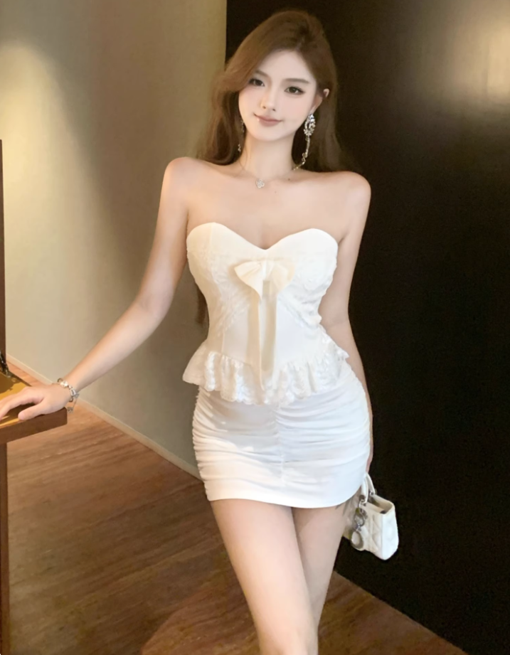 Elegant Bow Accent White Strapless Mini Dress Hot Girls Ruched Lace Trimmed Bodycon Short Dress AP1852