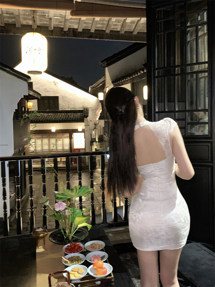 New Fashion Cutout Lace Splicing Bodycon Mini Dress Vintage Textured Falorl Print Backless Halter Short Dress AP1860