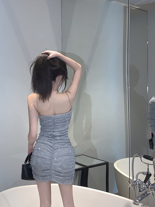Chic Silver Sheen Fabric Spaghetti Straps Mini Dress Minimalist Ruched Bodic Hot Girls OOTD Short Dress AP1863