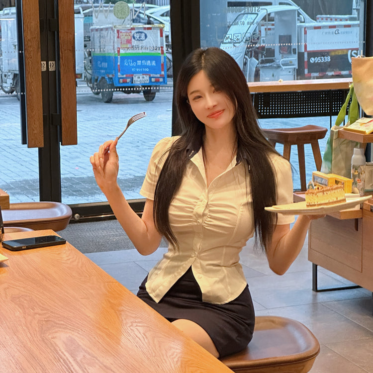 Vogue Office Chic Ensemble Fitted Shirt Mini Skirt Sexy Two-Piece Set Schoolgirl-Inspired Short Dress AP1866