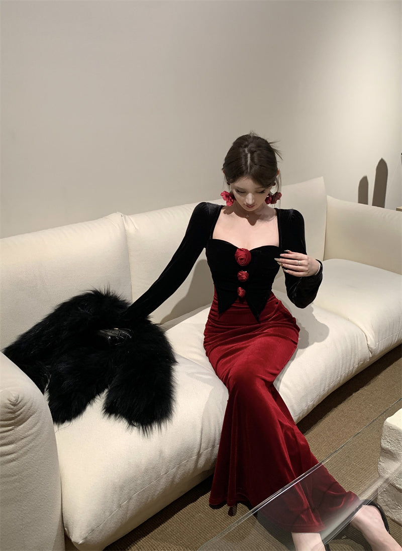 French-Inspired Velvet Black & Red Color-Block Maxi Dress Gorgeous Mermaid Long Sleeve Flowers Accent Long Dress AP1872