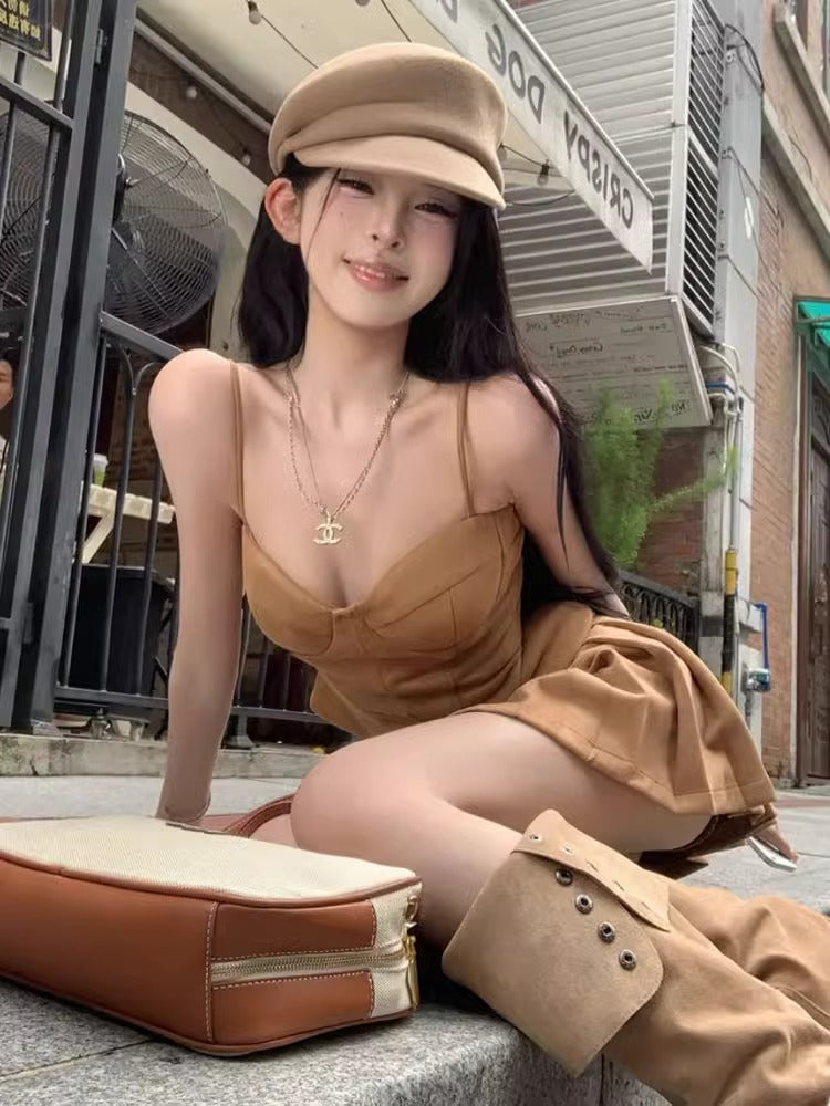 Hot Girls OOTD Spaghetti Straps Mini Dress Minimalist 2-Piece Set Pressed Pleat Hem Short Dress AP1875