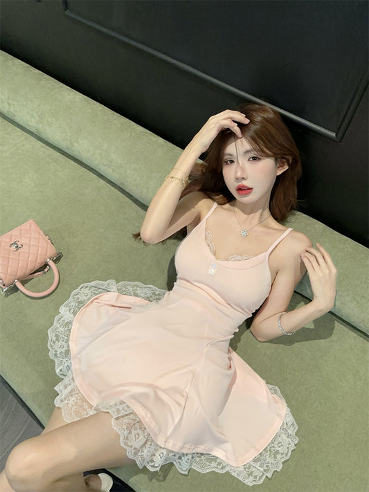 Cute Girls OOTD Lace Hem Spaghetti Straps Mini Dress Summer Outfit A-Line Pink Short Dress AP1879