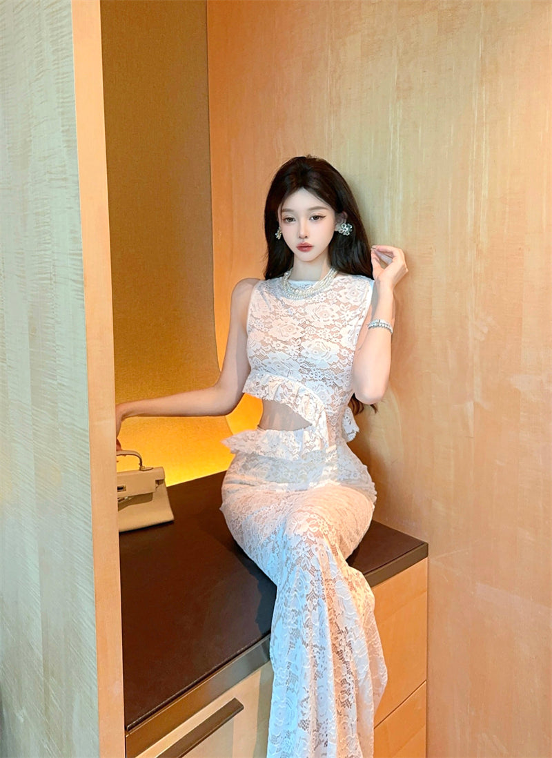 Alluring Textured Lace Overlay Cutout Waist Maxi Dress With Lining Dreamy Ruffles Trimmed Round Neck Long Dress AP1880