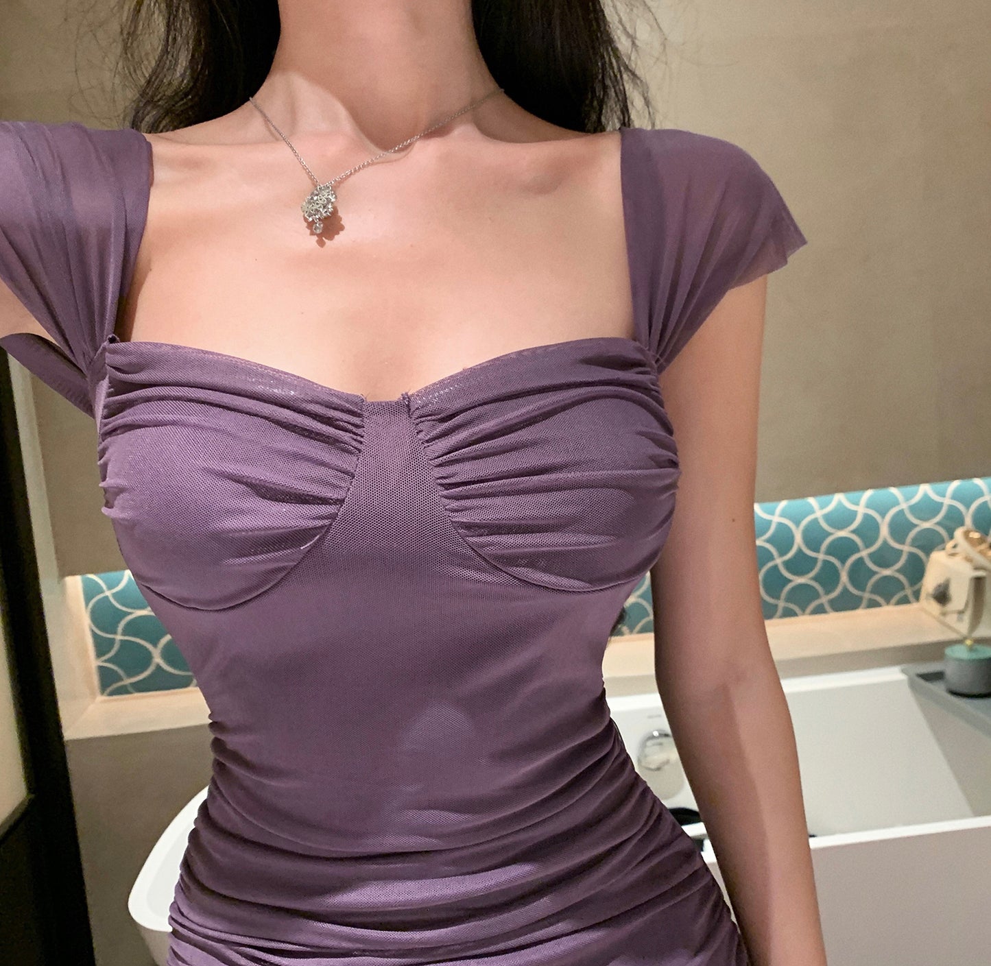 Charming Ruched Bodice Breathable Mesh Purple Maxi Dress Sexy Short Sleeve Asymmetric Ruffled Hem Long Dress AP1885