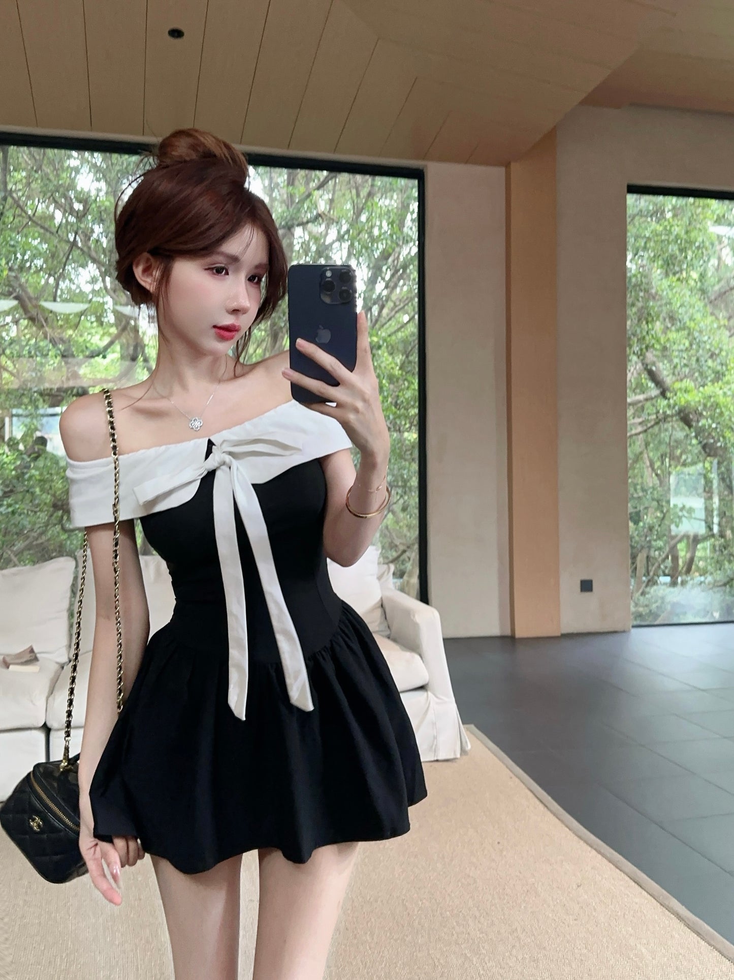 Trendy Large Bow Detail Off-Shoulder Mini Dress Cute Fitted Bodice Black & White Color-Block Short Dress AP1888