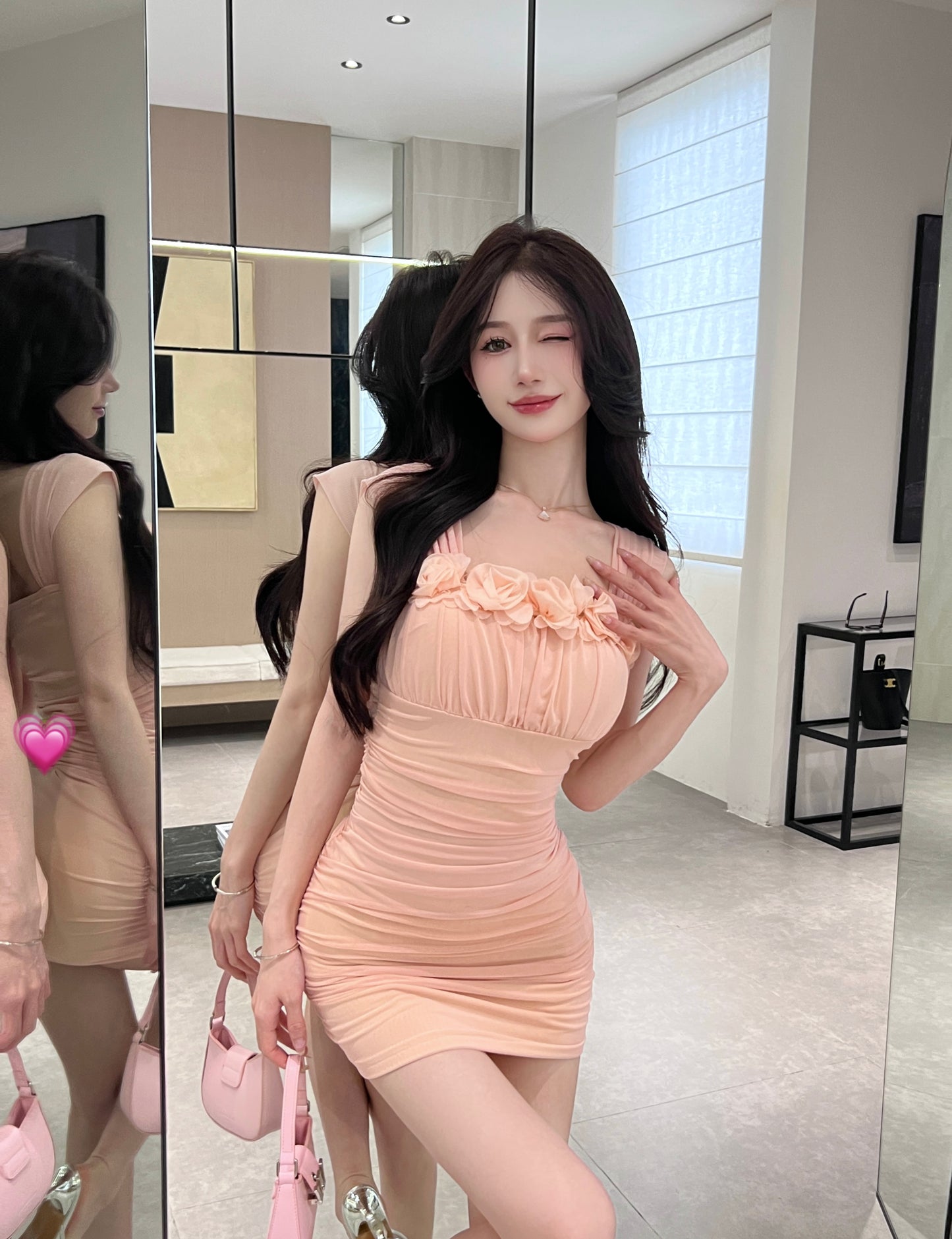 Sweet Girls 3D Flower Accent Mini Skirt Dates Outfit Ruched Bodice Draped Mesh Short Dress AP1889