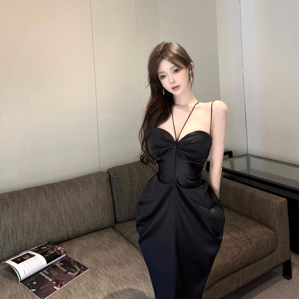 Exquisite Black Satin Bodycon Mermaid Ruched Maxi Dress Chic Luxury Parties Strappy Crisscross Back with Rhinestones Long Dress AP1896