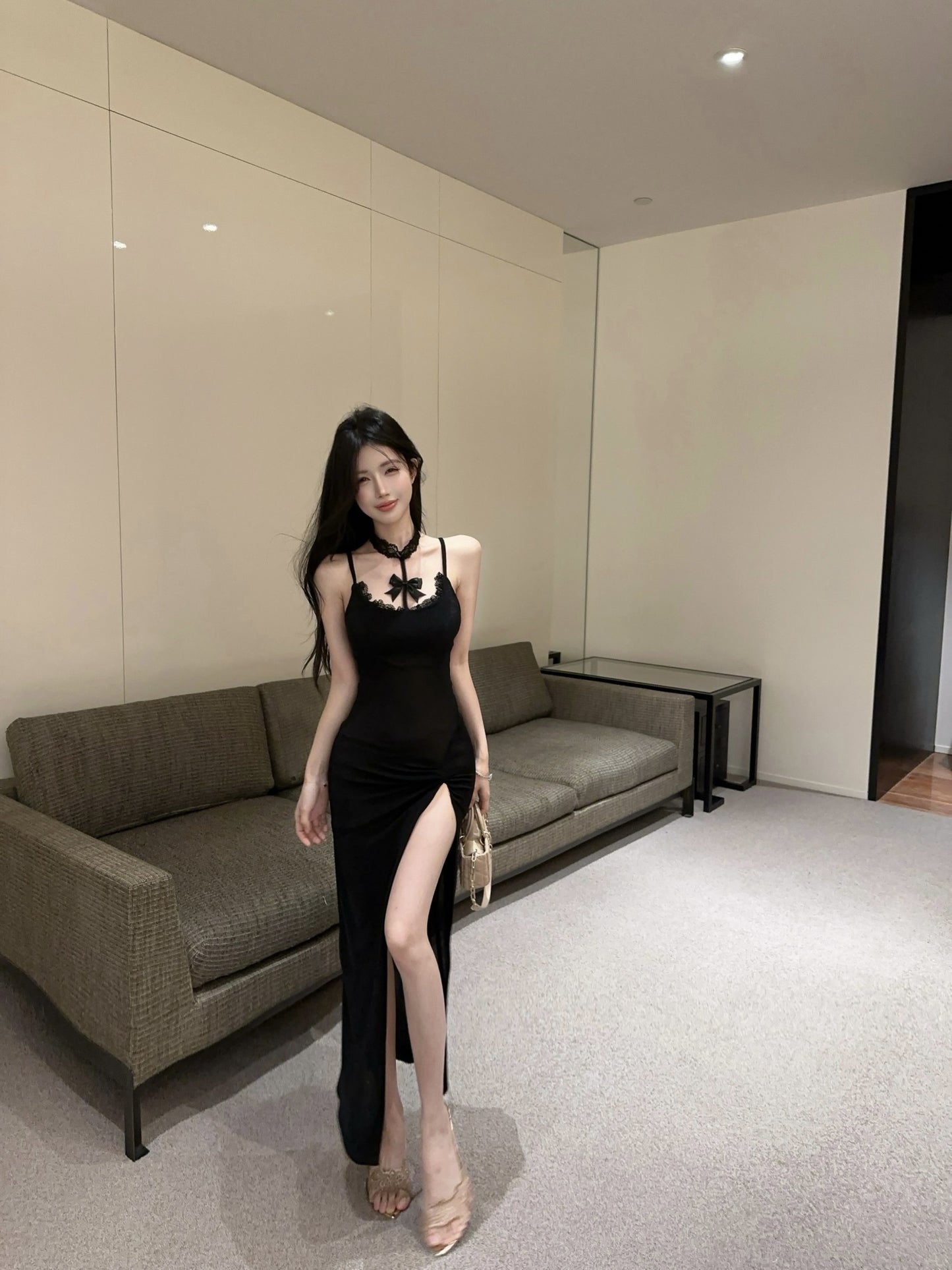 Hot Girls Black Bodycon Bow Accent Maxi Dress Gen Z Style Lace Trimmed Spaghetti Straps High Slit Long Dress AP1901