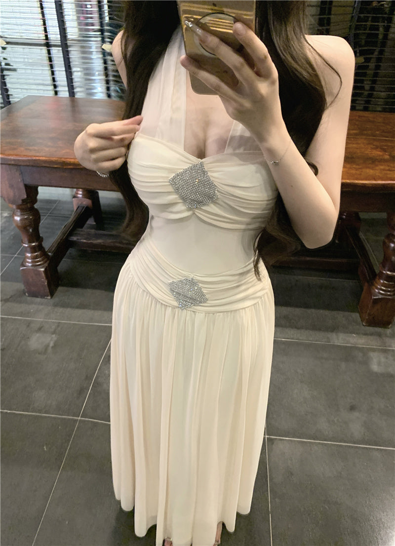 Graceful Rhinestone Design Cinched-Waist Maxi Dress French Style Feast Outfit Tulle OverlayFlowy Hem Halter Dress AP1902