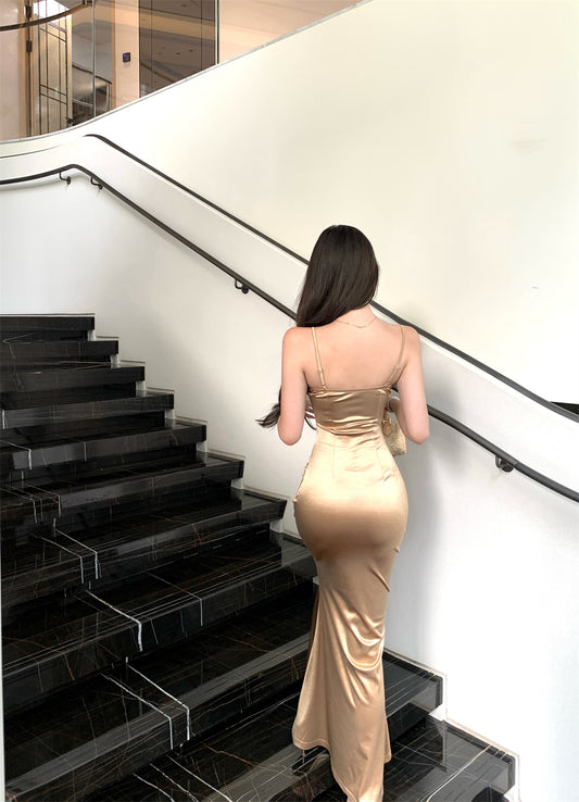 Exquisite Gold Satin Spaghetti Straps Luxury Nightouts Maxi Dress Elegant Backless Mermaid Corset-Style Long Dress AP1906