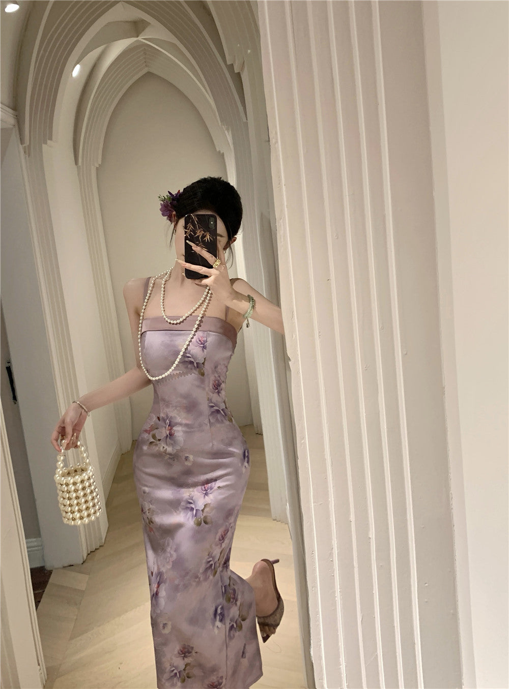 Oriental Style Purple Floral Print Square Neck Maxi Dress Elegant Back Slit Cultural Events Spaghetti Strap Long Dress AP1907