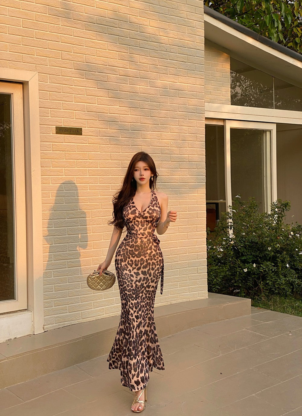 Vintage Side Tie Leopard Print Maxi Dress Sexy Deep V Neck Open Back Bodycon Halter Long Dress AP1911