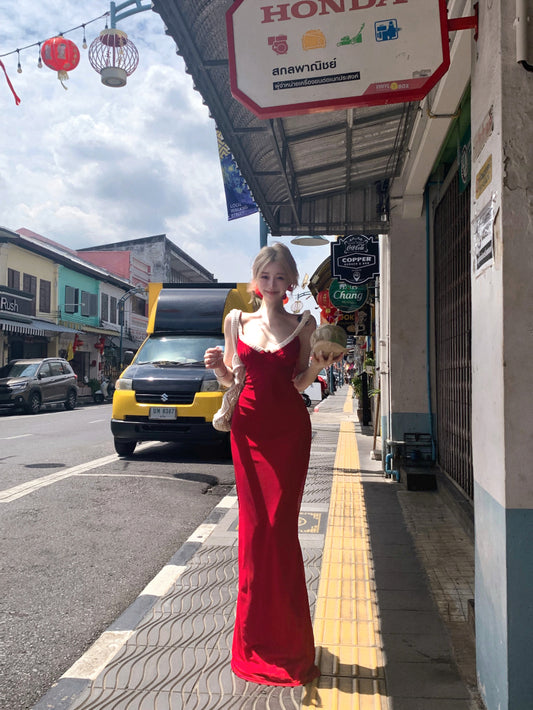 Unique Vocation Outfit Spaghetti Straps Red Mermaid Maxi Dress Sexy White Lace Trim Ruched Bodycon Long Dress AP1913