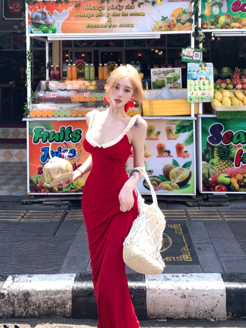 Unique Vocation Outfit Spaghetti Straps Red Mermaid Maxi Dress Sexy White Lace Trim Ruched Bodycon Long Dress AP1913