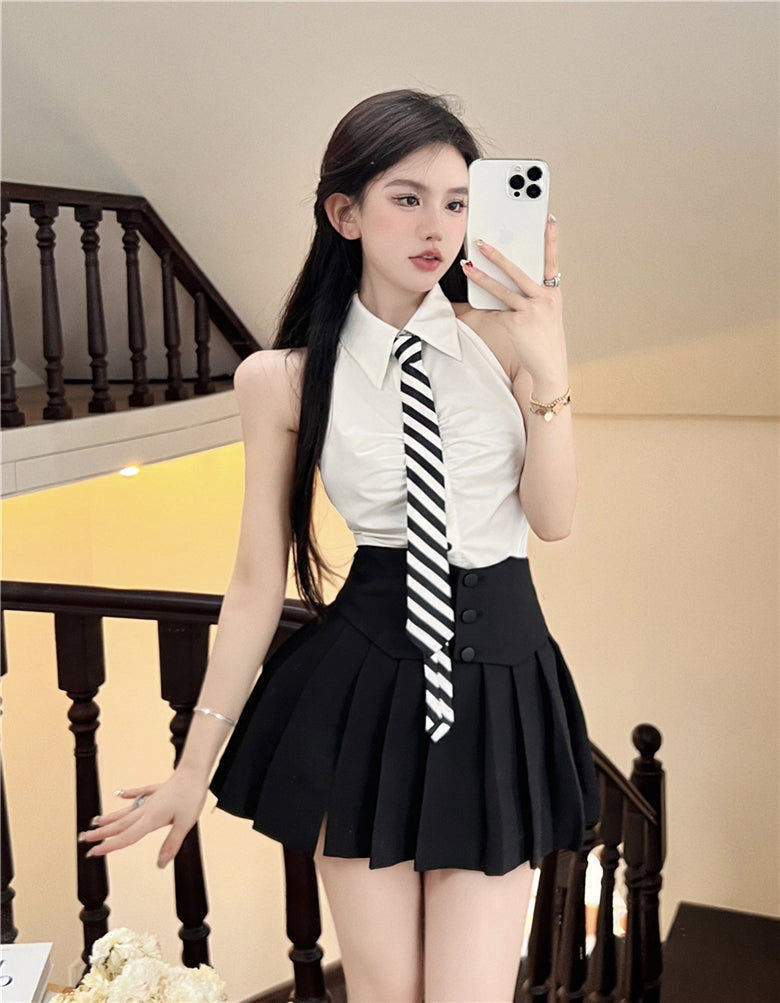 New Arrival Preppy Two-Piece Set Striped Tie Mini Skirt Everyday Wear Halter Sleeveless Top Slit Pleated Short Dress AP1919