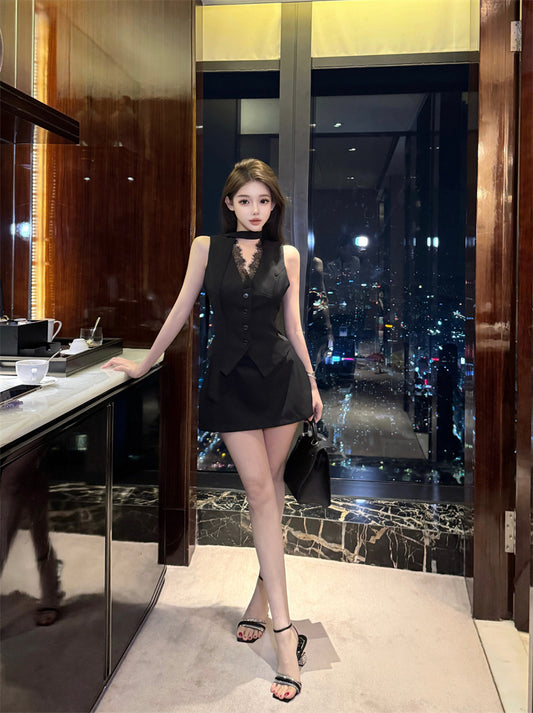 Everyday Wear Black Sleeveless Vest Lace V-Neck Inner Mini Skirt Sexy Button-Front 2-Piece Set Office-Ready Short Dress AP1920