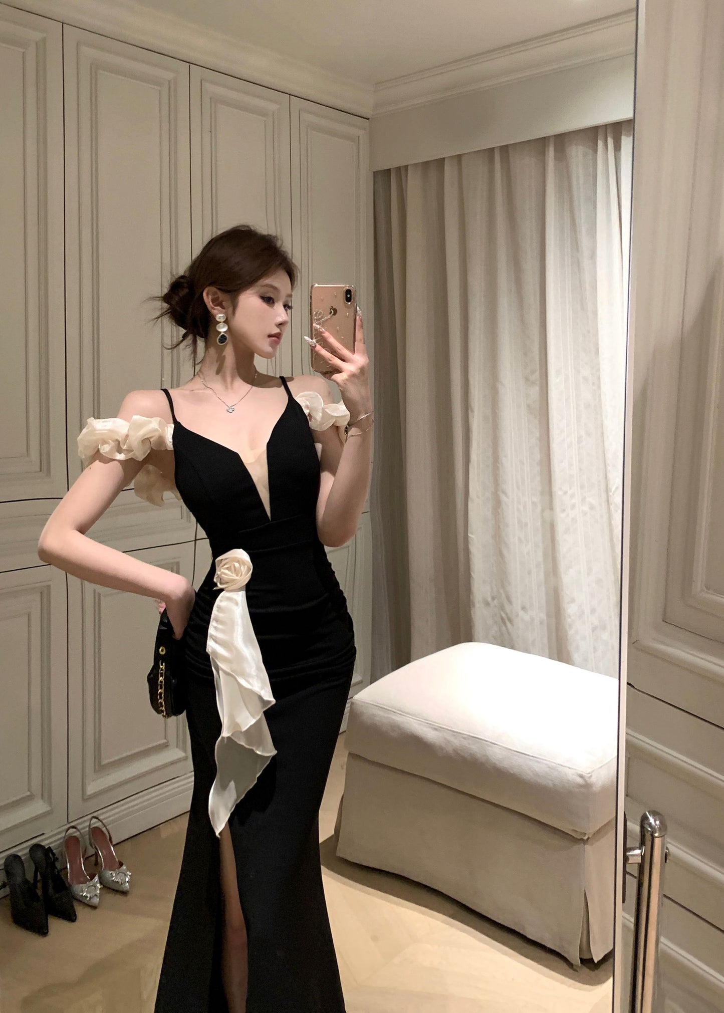 Romantic Asymmetric Sheen Ruffles Off-Shoulder Maxi Dress Glamorous High Slit Black Mermaid White Flower Detail Long Dress AP1921