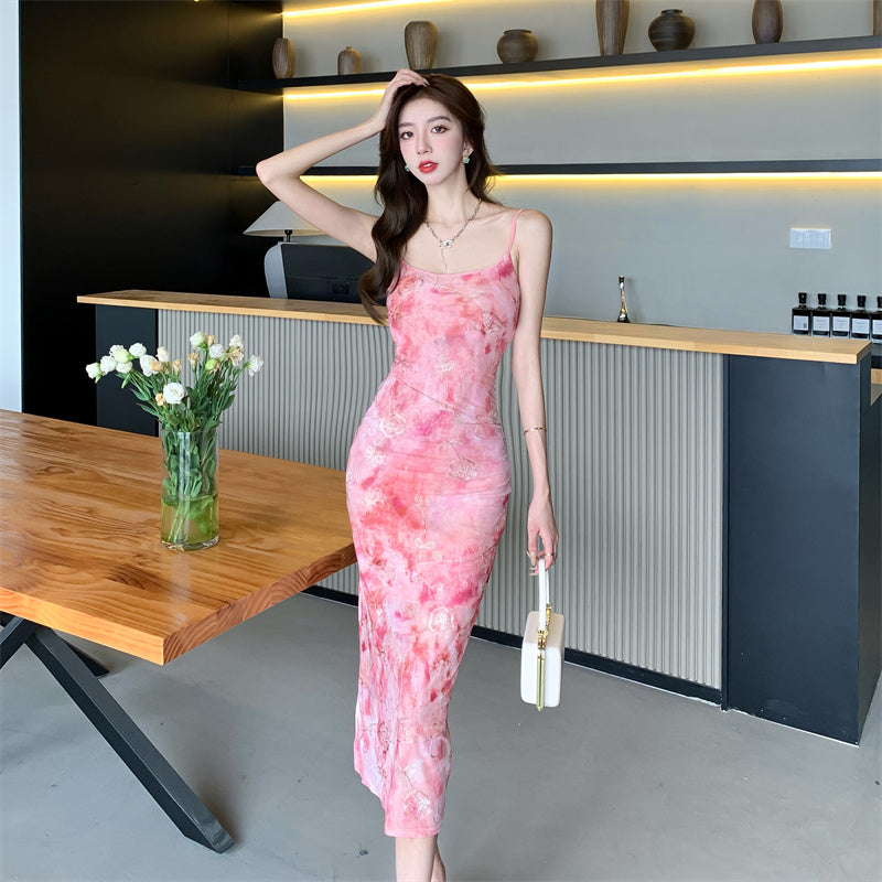 Vibrant Pink Floral Print Sheath Midi Dress Spaghetti Straps Double Layers Backless Long Dress AP1925