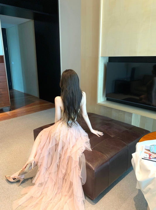 Exquisite Birthday Party Two-Piece Set Maxi Skirt Vogue Lace Hem Strapless Inner Sheer Mesh Short Dress AP1926