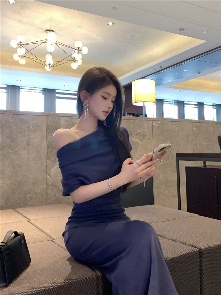 Elegant Asymmetric Neckline Off-Shoulder Maxi Dress Glamorous Navy Blue Mermaid Draped Neckline Short Sleeve Long Dress AP1927