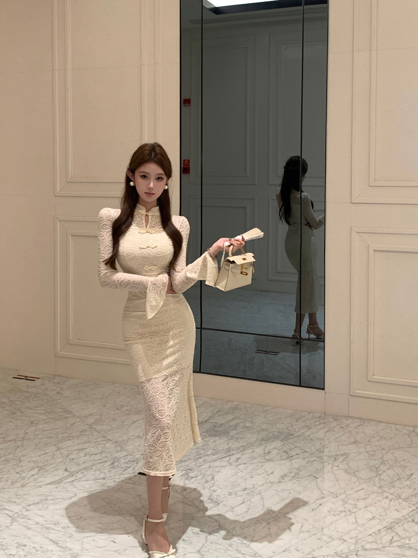 Romantic Beige Lace Cheongsam-Style Textured Fabric Maxi Dress Unique Bell Long Sleeve Sheath Frog Buttons Long Dress AP1931