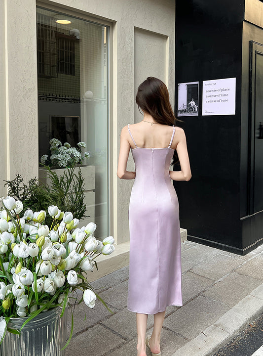 Chic Purple Slit Cowl Neck Midi Dress Minimalist Beaded Spaghetti Strap Everyday Outfit Long Dress AP1934