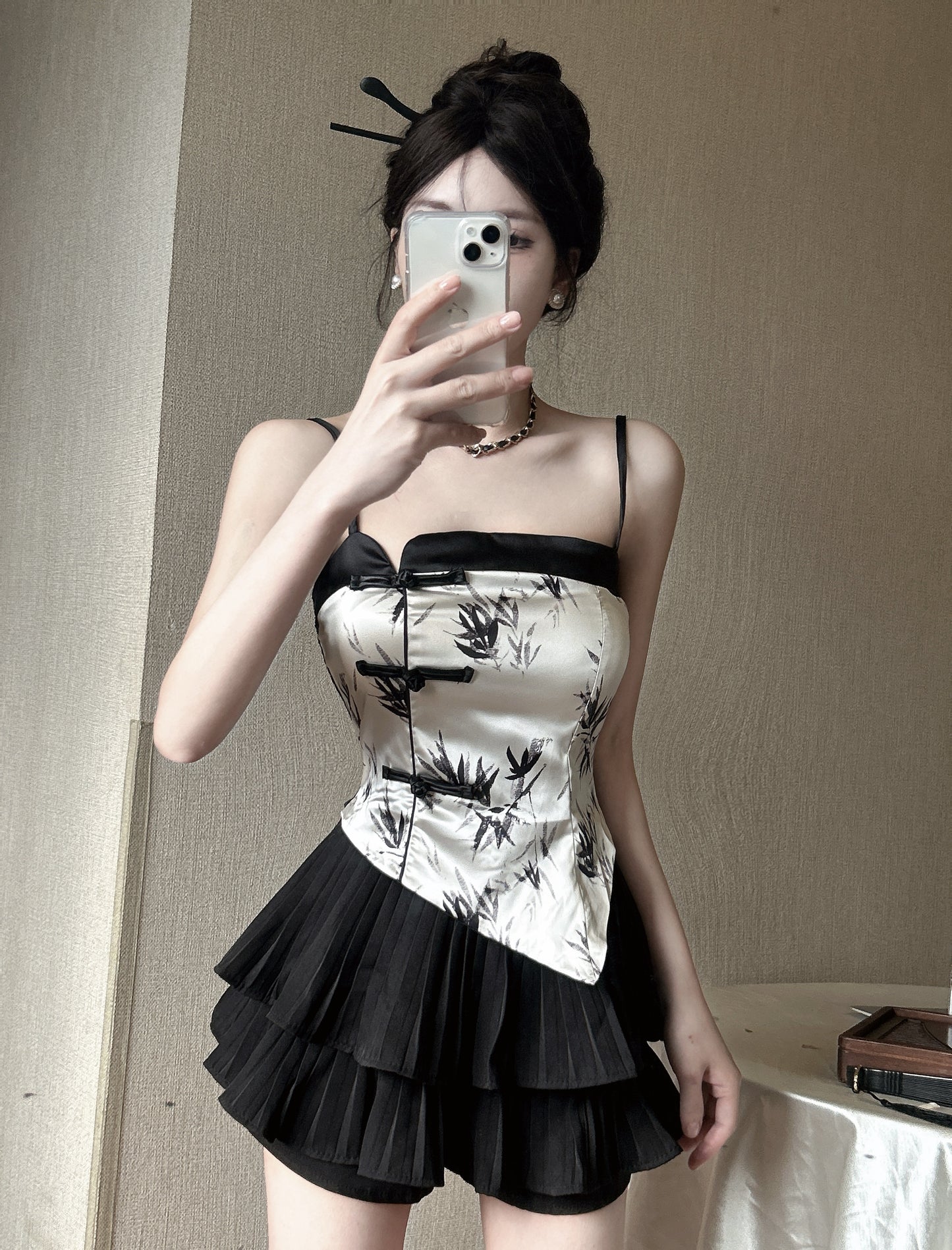 Retro 2-Piece Set Bamboo Print Camisole Mandarin Buttons Mini Dress Spaghetti Strap Black Tiered Pleat Short Dress AP1937