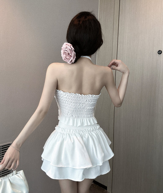 Elegant White Two-Piece Set Ensemble Tie Neck Top Mini Skirt Heart Rhinestone Lace Trimmed Ruffled Tiered Skirt Halter Short Dress AP1942