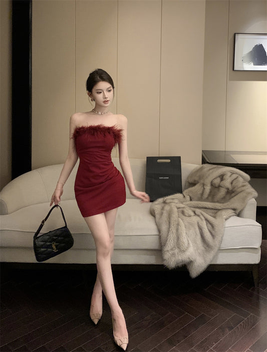 Alluring Strapless Red Feather Trimmed Mini Skirt Retro Bodycon Draped Short Dress AP1947