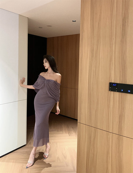 Novelty Convertible Strapless / Off - Shoulder Maxi Skirt Chic Purple Draped Front Night Parties Long Dress AP1952