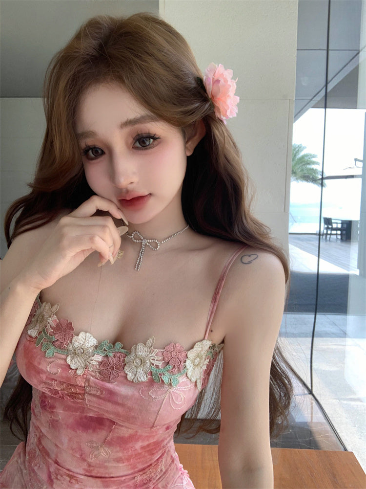 Chamring Floral Print Pink Bodycon Mini Dress French-Inspired Colorful Flowers Trimmed Short Dress AP1953