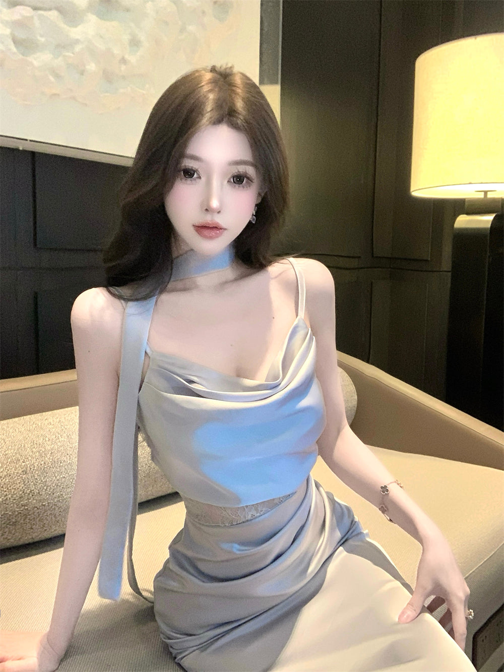 Gorgeous Silver-Blue Cowl Neck Maxi Dress Chic Side Lace Accent Sash Straps Bodycon Fit Long Dress AP1955