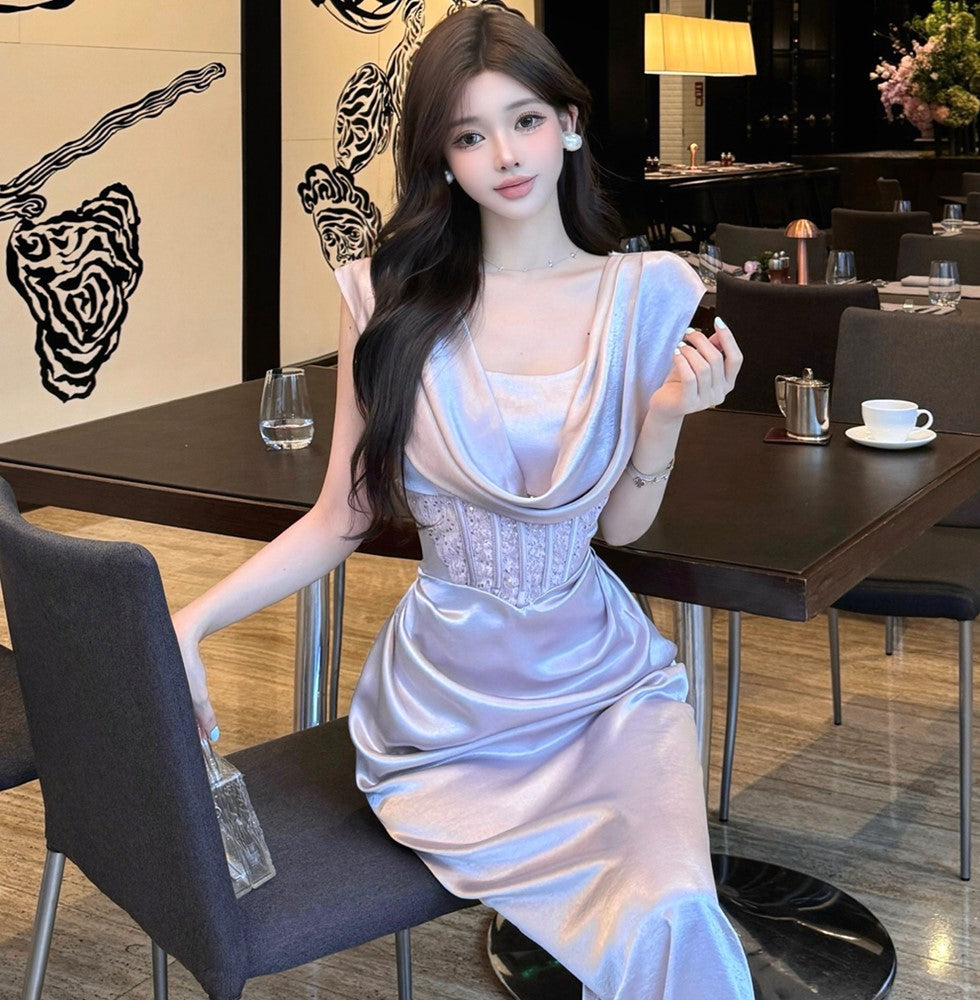 French Style Lavender Satin Cowl Neck Maxi Skirt Fashionable Sleeveless Lace Corset Waist Bodycon Long Dress AP1958
